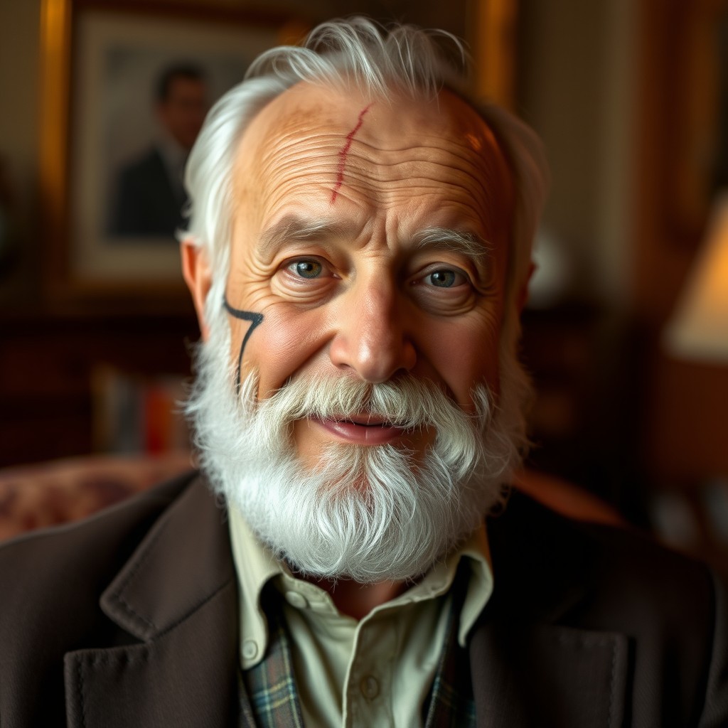 A distinguished man in his sixties named Vito Santi, featuring a light white beard and a prominent scar extending from his left eyebrow down to his jawline