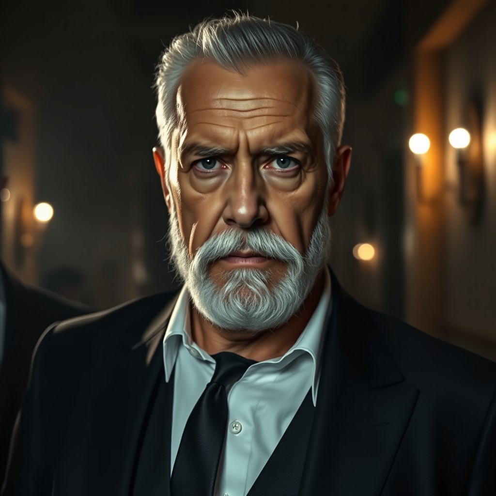 Vito Santy, a sixty-year-old mafia man, dressed in a sleek black suit, with a light white beard