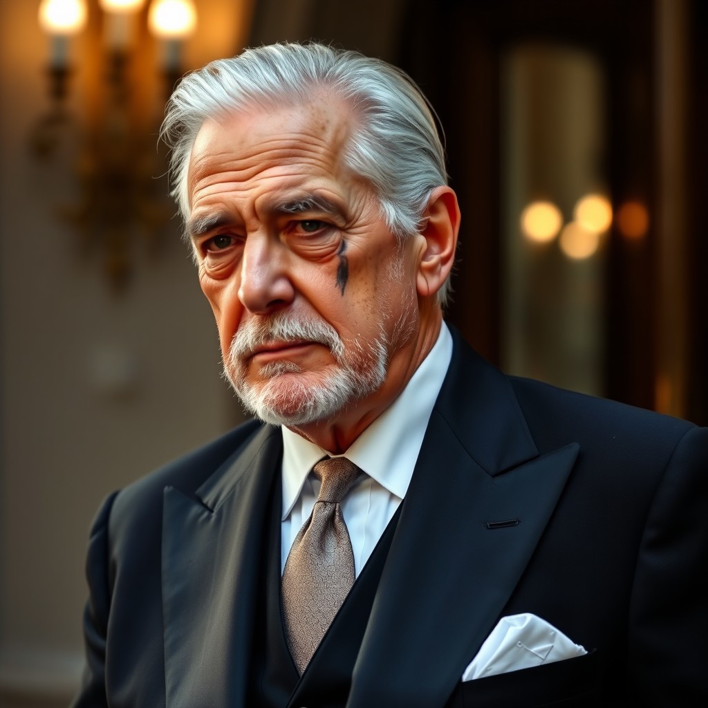 A sixtieth-aged mafia man named Vito Santi, elegantly dressed in a sharp black suit