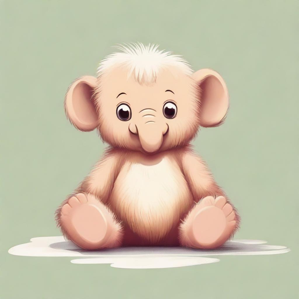 An endearing illustration of a baby with oversized feet, fluffy mammoth-like fur, and gentle, dog-like eyes.