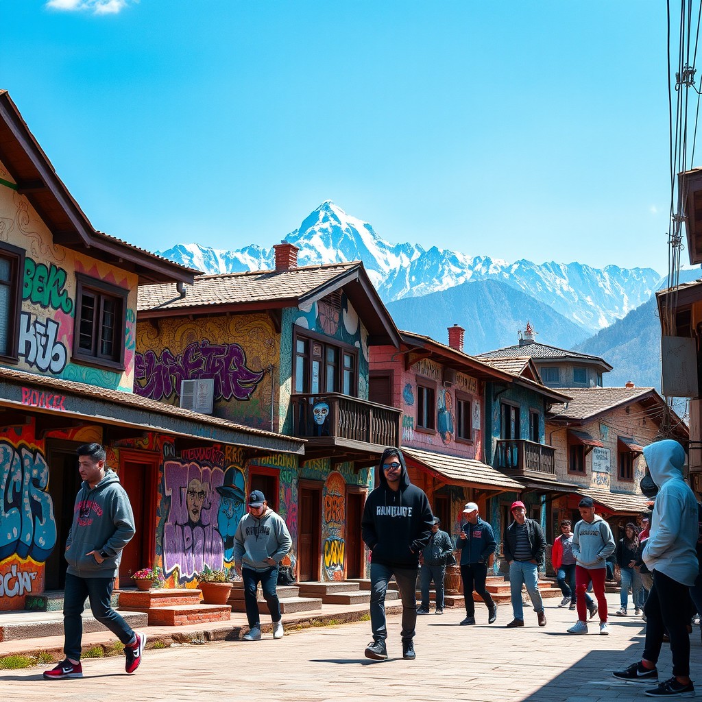 A vibrant street scene featuring stylish houses inspired by Mustang, Nepal, infused with hip-hop culture