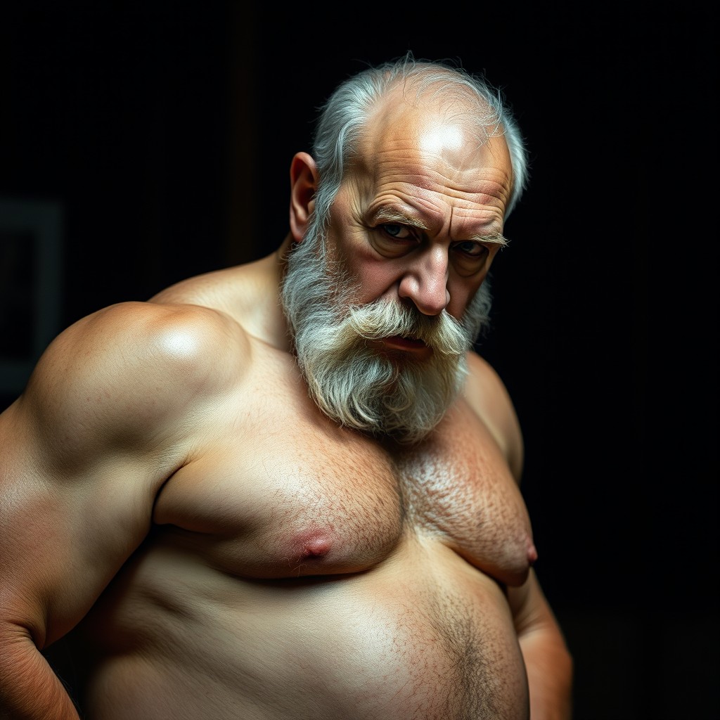 An elderly man in his sixties with a short, white beard and a broad, muscular build that suggests he has never relaxed or taken a day off