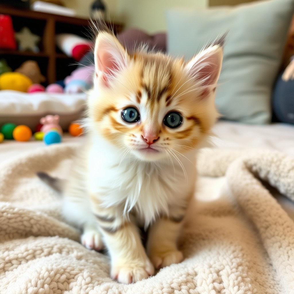 A cute, fluffy kitten named Gav with big sparkling blue eyes, sitting playfully on a soft blanket in a cozy indoor setting