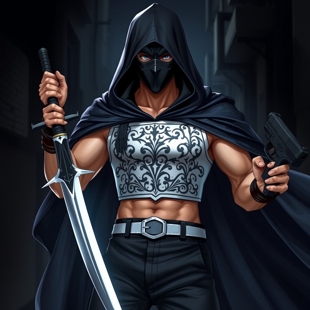 An intriguing character donning a mysterious black mask that enhances his striking blue eyes and peach skin