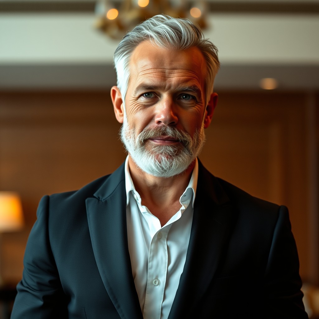 A handsome and fit sixty-year-old man with a short white beard, wearing a sleek black suit