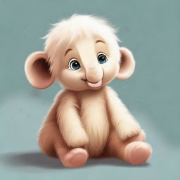 An endearing illustration of a baby with oversized feet, fluffy mammoth-like fur, and gentle, dog-like eyes.