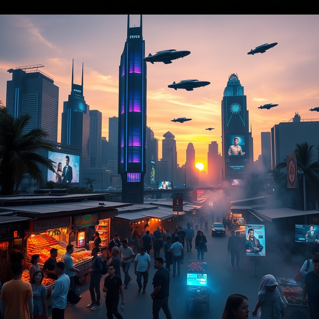 A futuristic city skyline at dusk, showcasing towering skyscrapers with glowing neon lights in shades of blue and purple