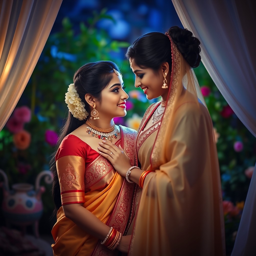 A romantic scene featuring two beautiful Indian women in an intimate setting, surrounded by soft, ambient lighting