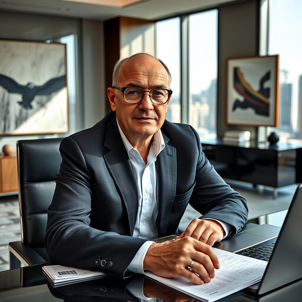 Enzo Valetti, a money laundering expert in his early fifties, wearing round glasses and bald, sitting at a modern office desk with financial documents and a laptop in front of him