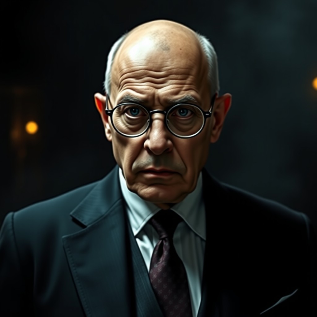 Enzo Valletti, a money laundering expert for the mafia, in his early sixties, wearing round glasses and bald