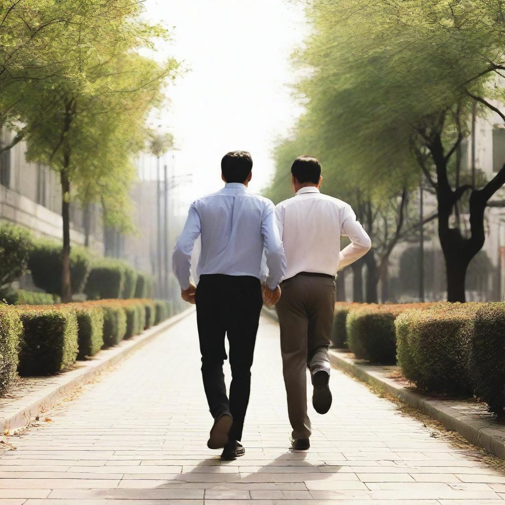 A man walking with another person chasing him from behind