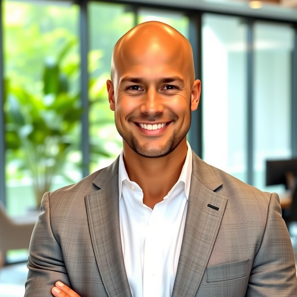 A confident bald man in a tailored suit, standing in a modern office environment with large glass windows
