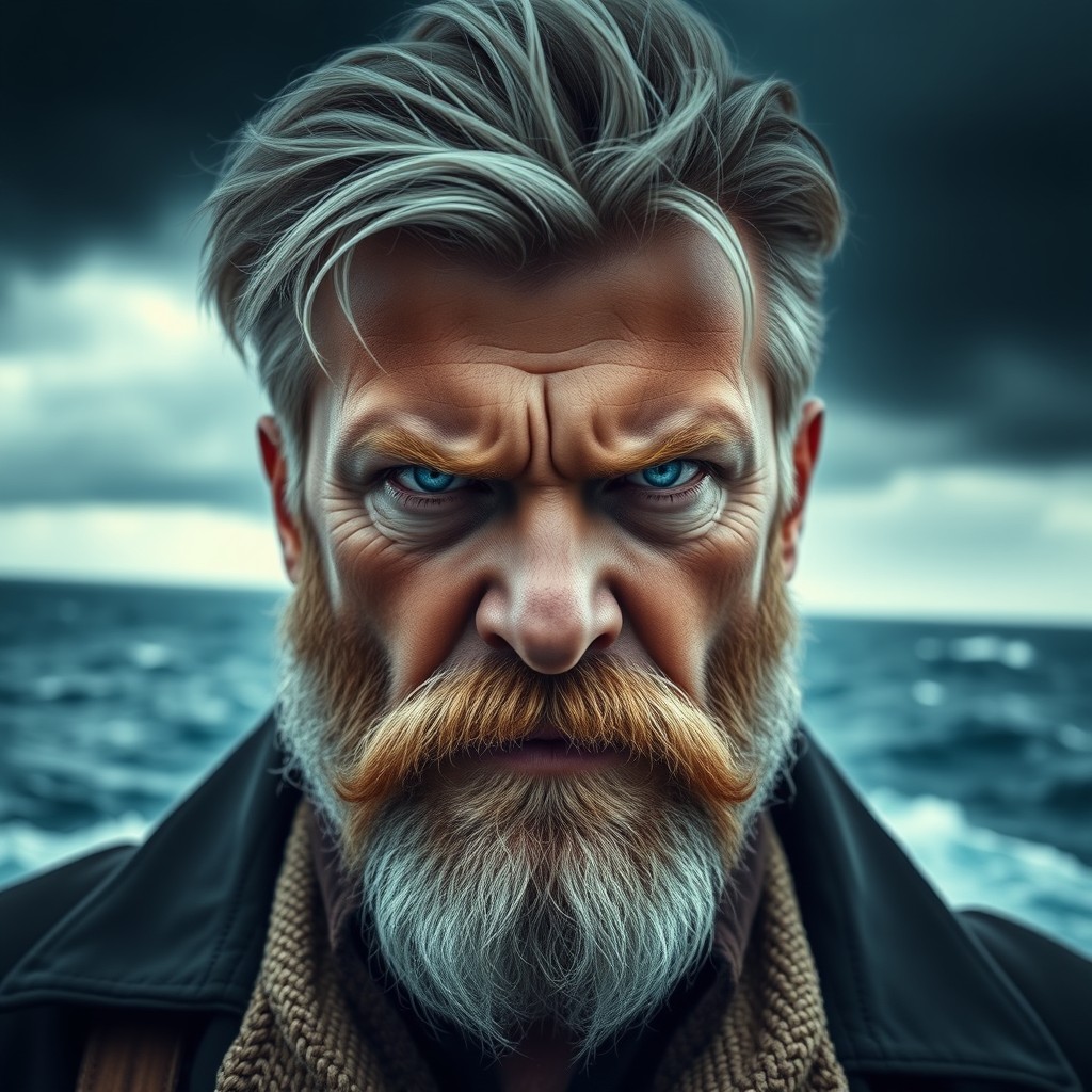 A furious looking man, Ricardo Kali, the maritime smuggling officer, featuring icy blue eyes that resemble unmelting ice, with thick blonde hair and a stylish blonde beard
