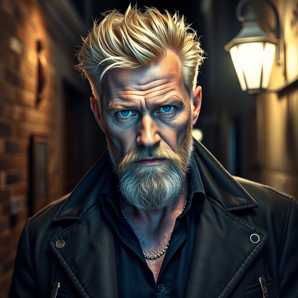 A middle-aged gangster with striking icy blue eyes that appear almost ethereal, thick blonde hair styled prominently and a matching blonde beard