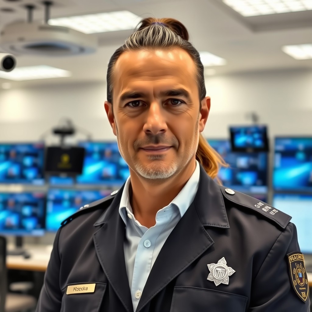 Daniele Russo, a man in his forties with his hair styled in a ponytail, serving as the head of internal security