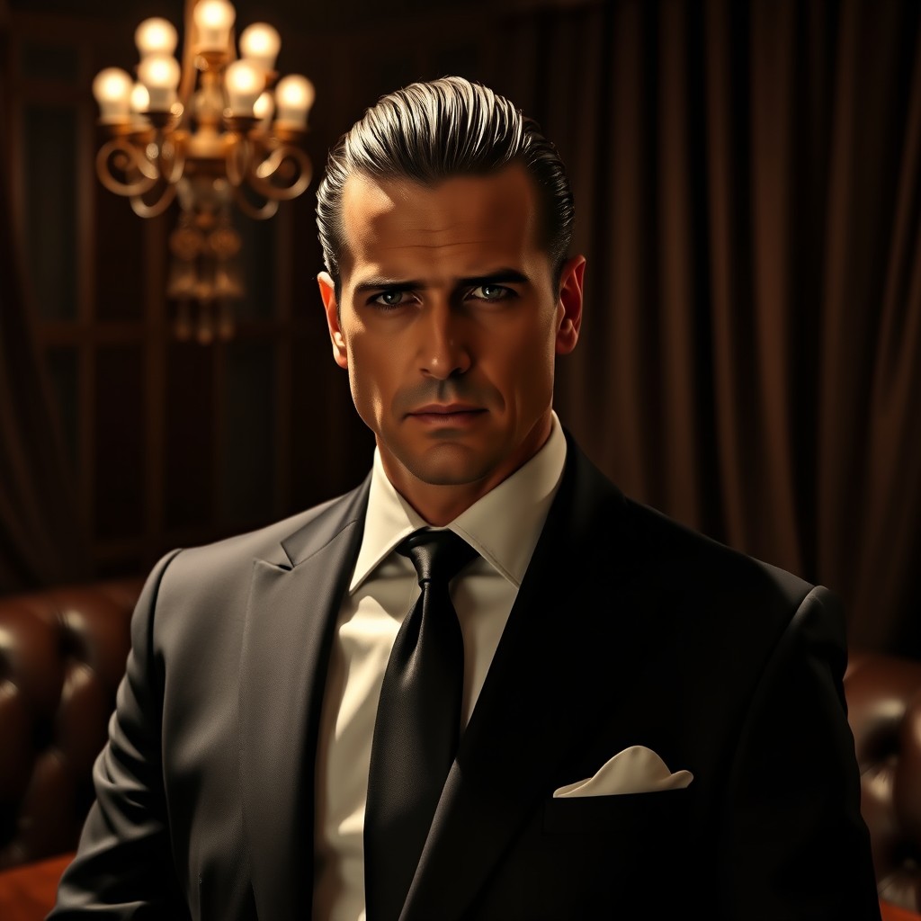 Danielli Russo, a sophisticated man in his forties with slicked back hair styled into a neat ponytail, embodying the essence of a mafia boss