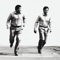 A man walking with another person chasing him from behind