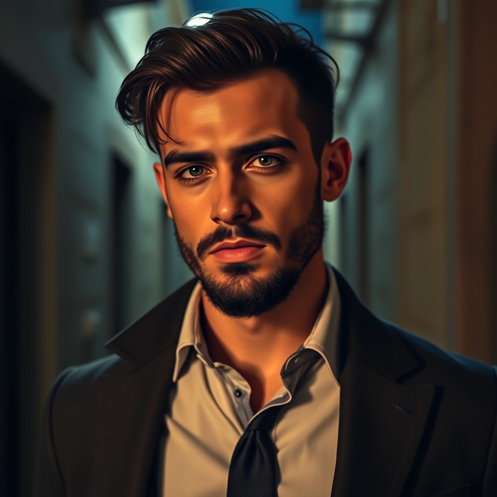 Lorenzo, a young Italian mafia lord in his late twenties, with a light black beard and strikingly handsome features