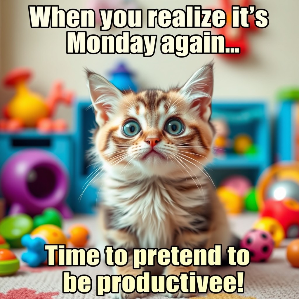 A humorous meme featuring a cute cat with a bewildered expression, sitting in a colorful room filled with various playful toys