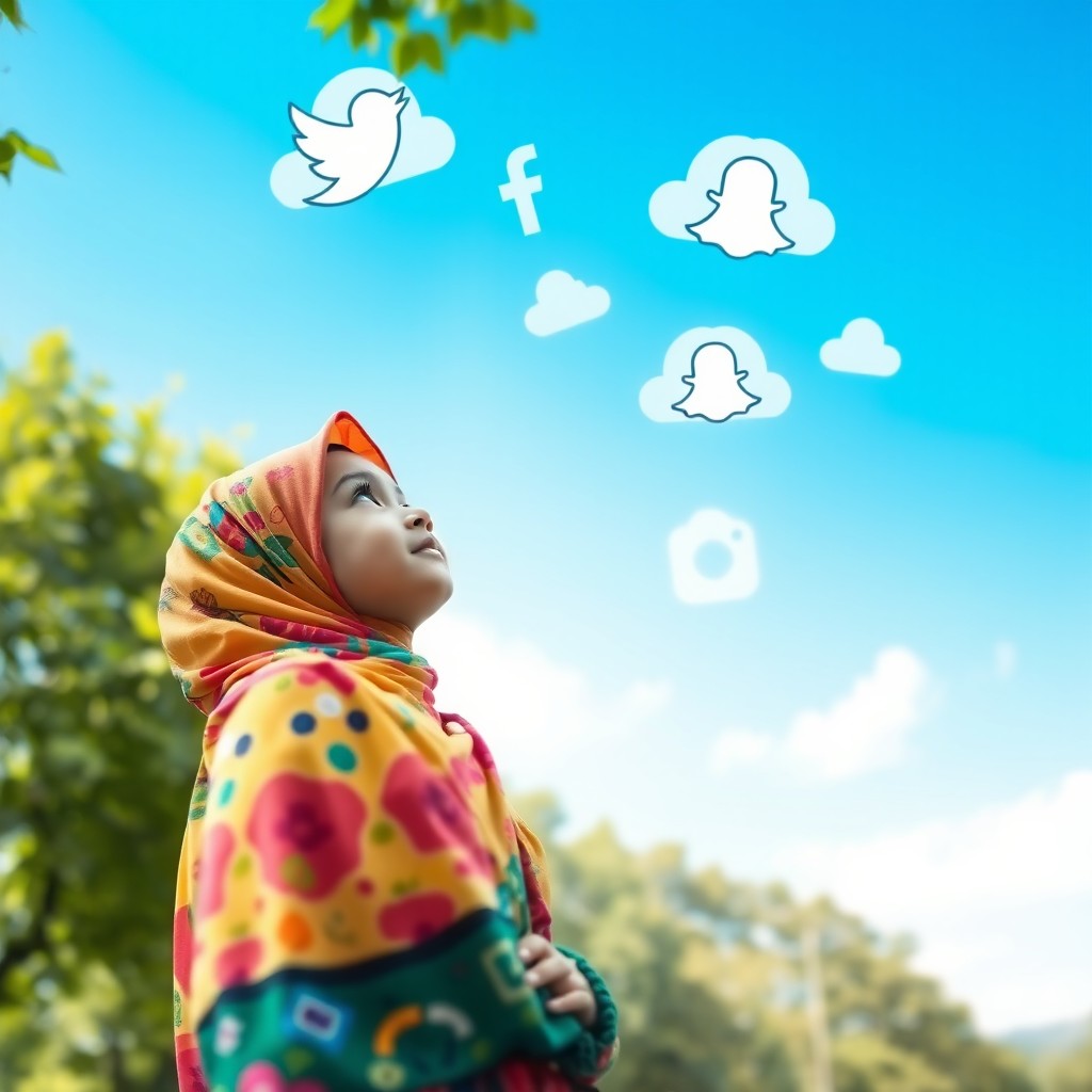A young Muslim girl wearing a colorful hijab, gazing up thoughtfully at a bright blue sky