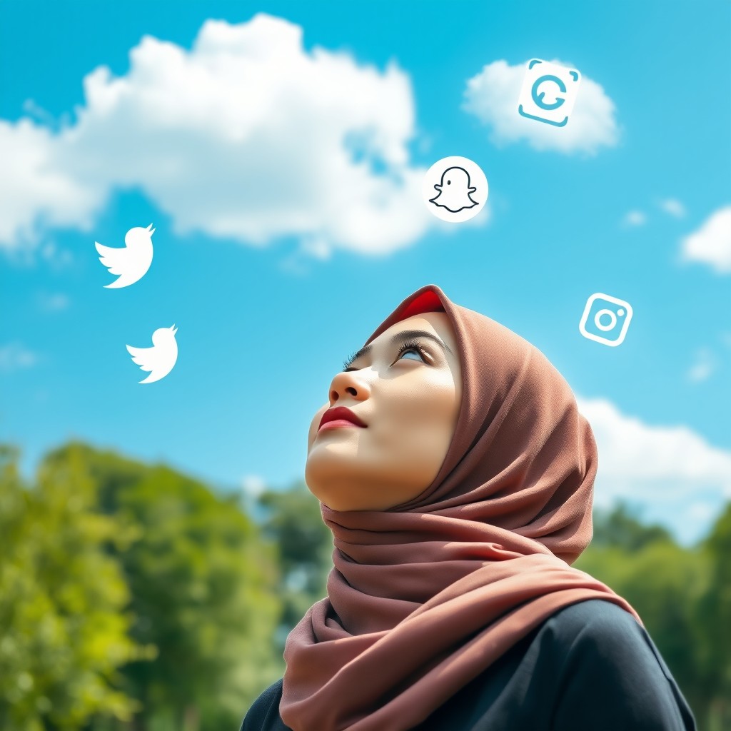 A Muslim woman dressed in a stylish hijab, looking up at a serene blue sky