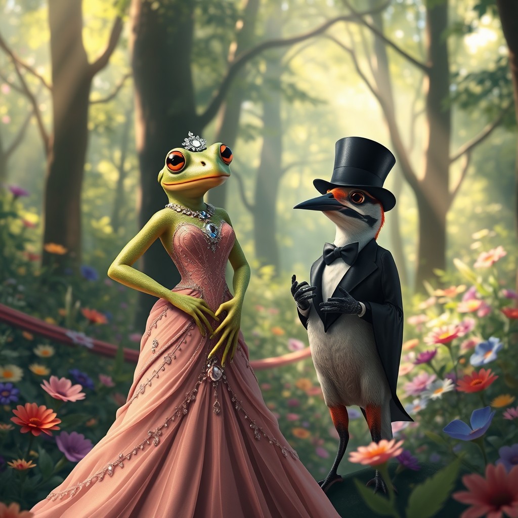 A female frog elegantly dressed in a beautiful gown adorned with jewels, standing gracefully in a stunning forest