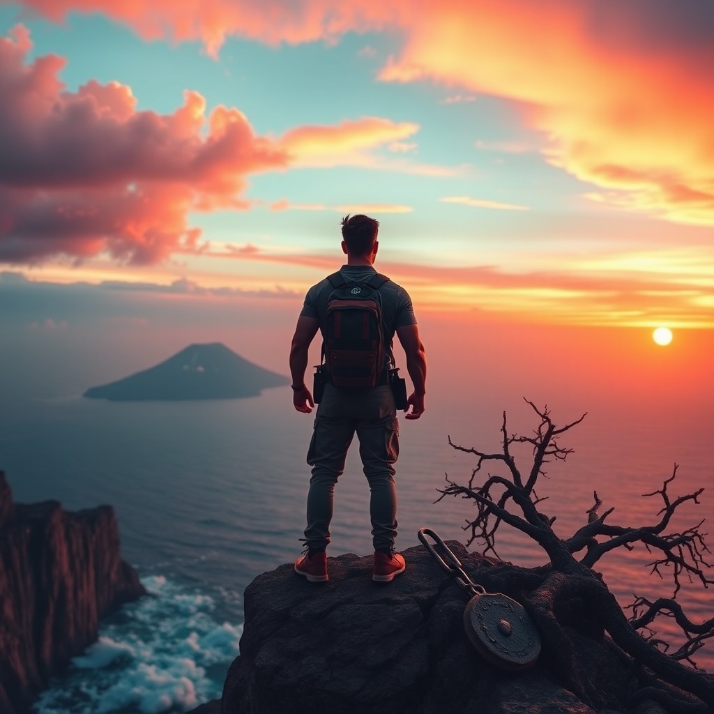 An empowering scene of a determined individual standing at the edge of a cliff, gazing out at a vast, beautiful landscape at sunset