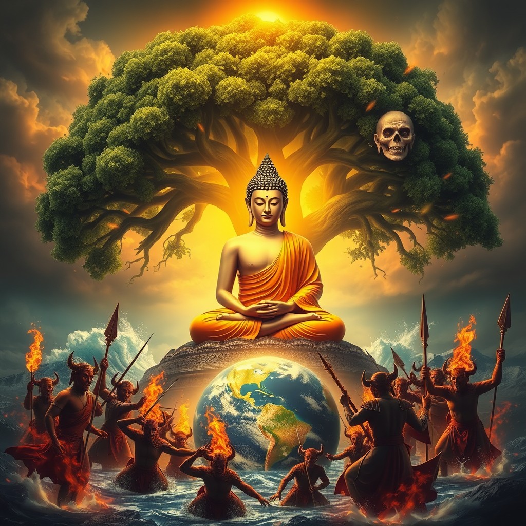 A serene and powerful image of the Buddha seated under a majestic Bodhi tree, radiating a golden light shaped like a globe