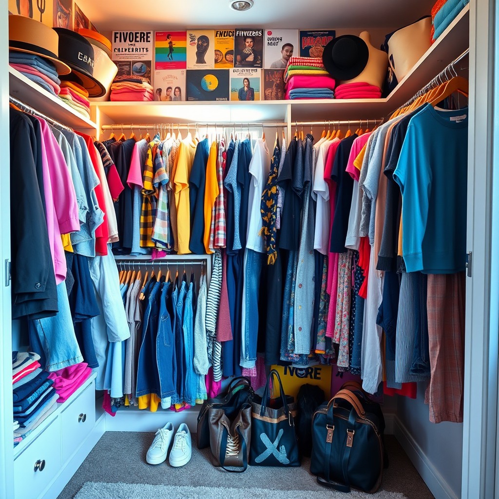 A stylish and organized teenage wardrobe filled with trendy clothing