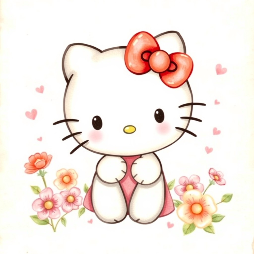 A charming illustration of Hello Kitty, depicted in a watercolor style with a vintage aesthetic