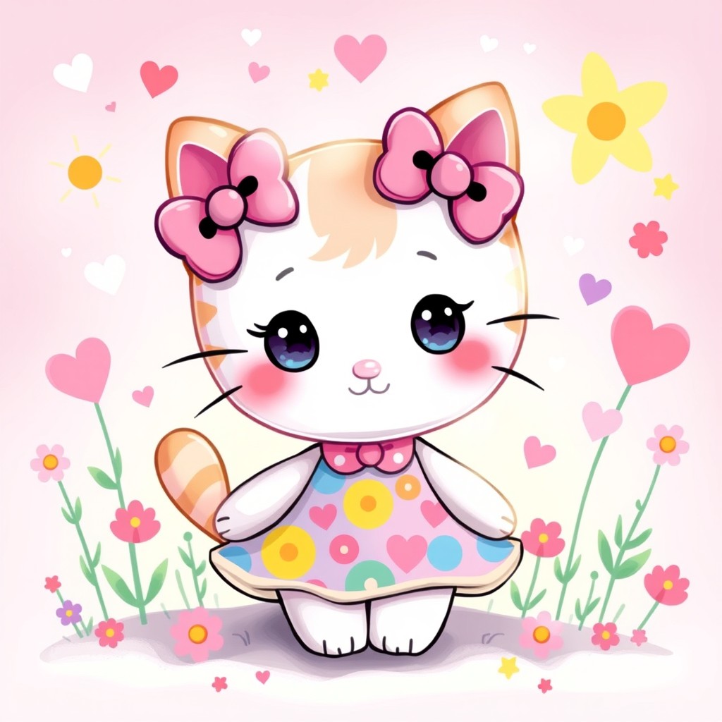A vibrant, whimsical illustration featuring a cute, cartoon-style cat reminiscent of Hello Kitty