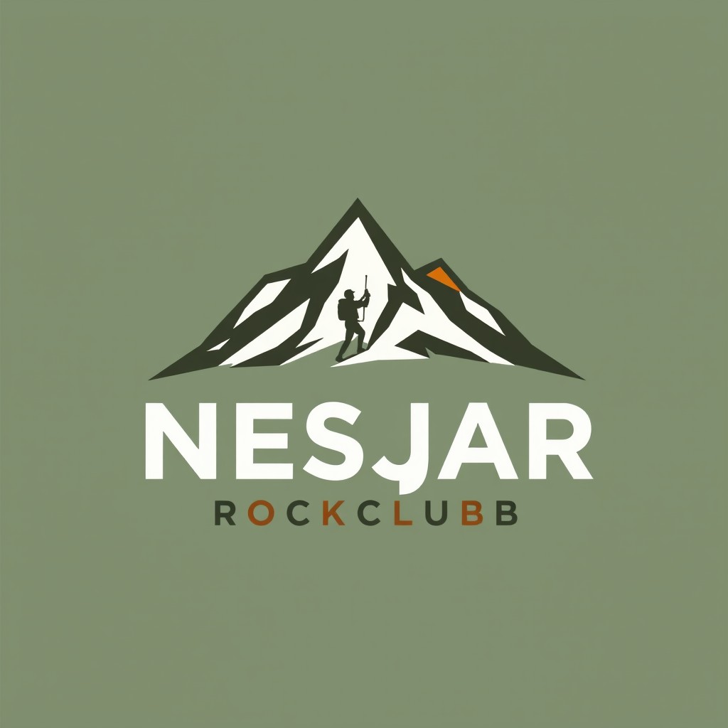 A modern and minimalist logo design for "Nesjar Rockclubb", featuring a stylized mountain silhouette with a climbing figure