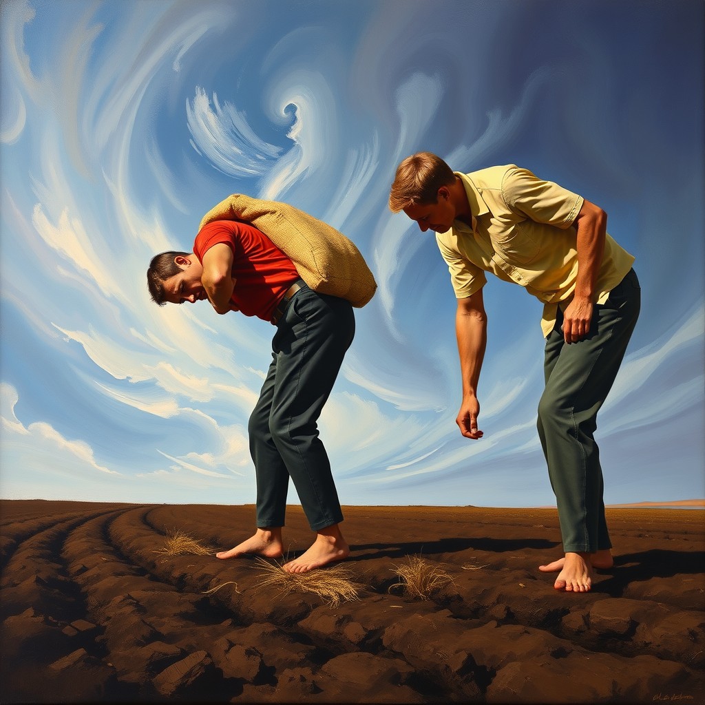 An oil-on-canvas scene reminiscent of the early figurative style of Clyfford Still, depicting two muscular male field workers bending over in strong diagonal poses, facing left, engaged in harvesting or planting