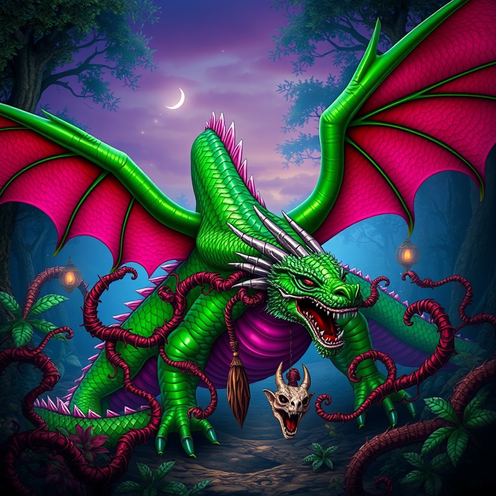 A majestic green dragon with vibrant pink accents, its scales shimmering in the light