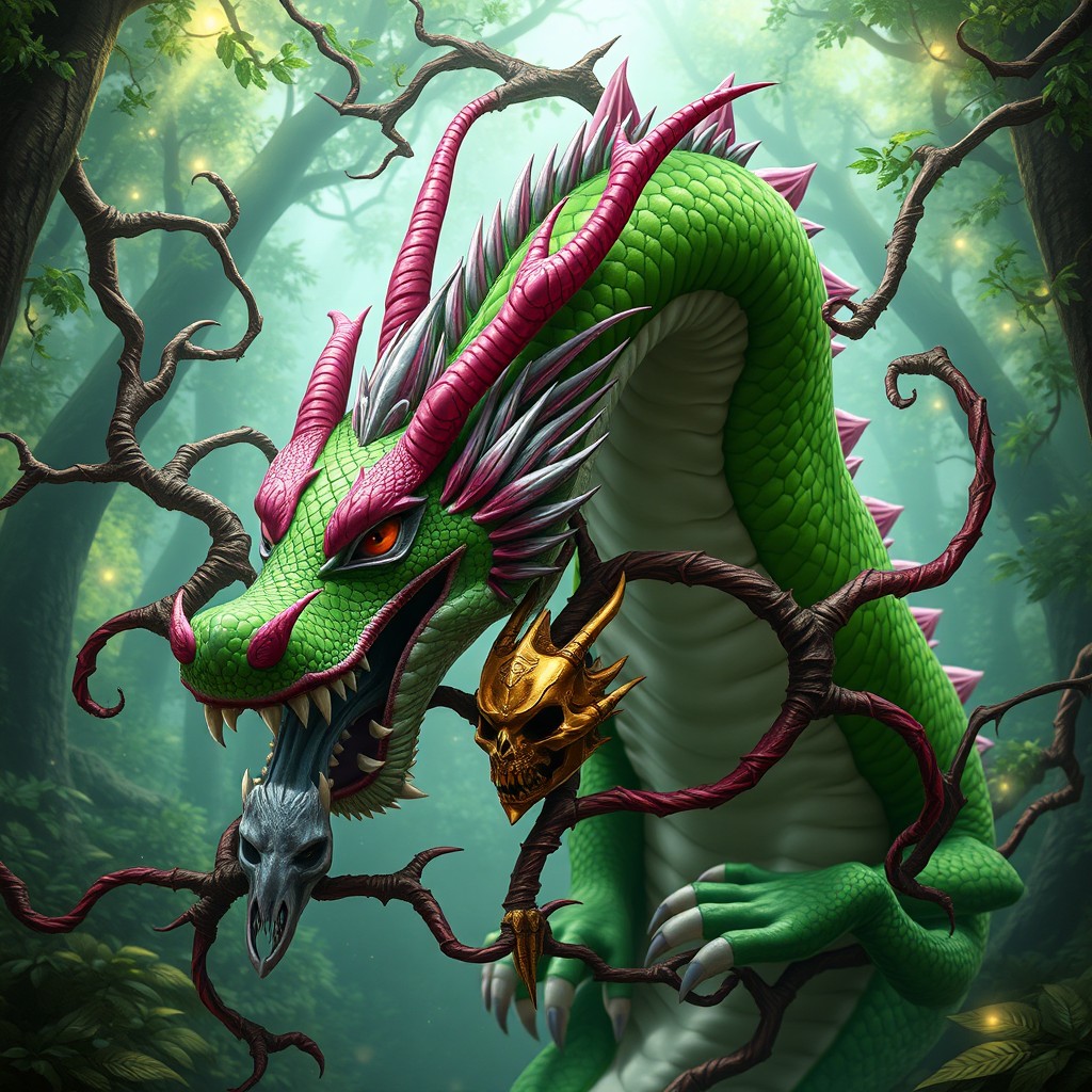 A majestic green dragon adorned with striking pink details across its scales, exuding power and grace