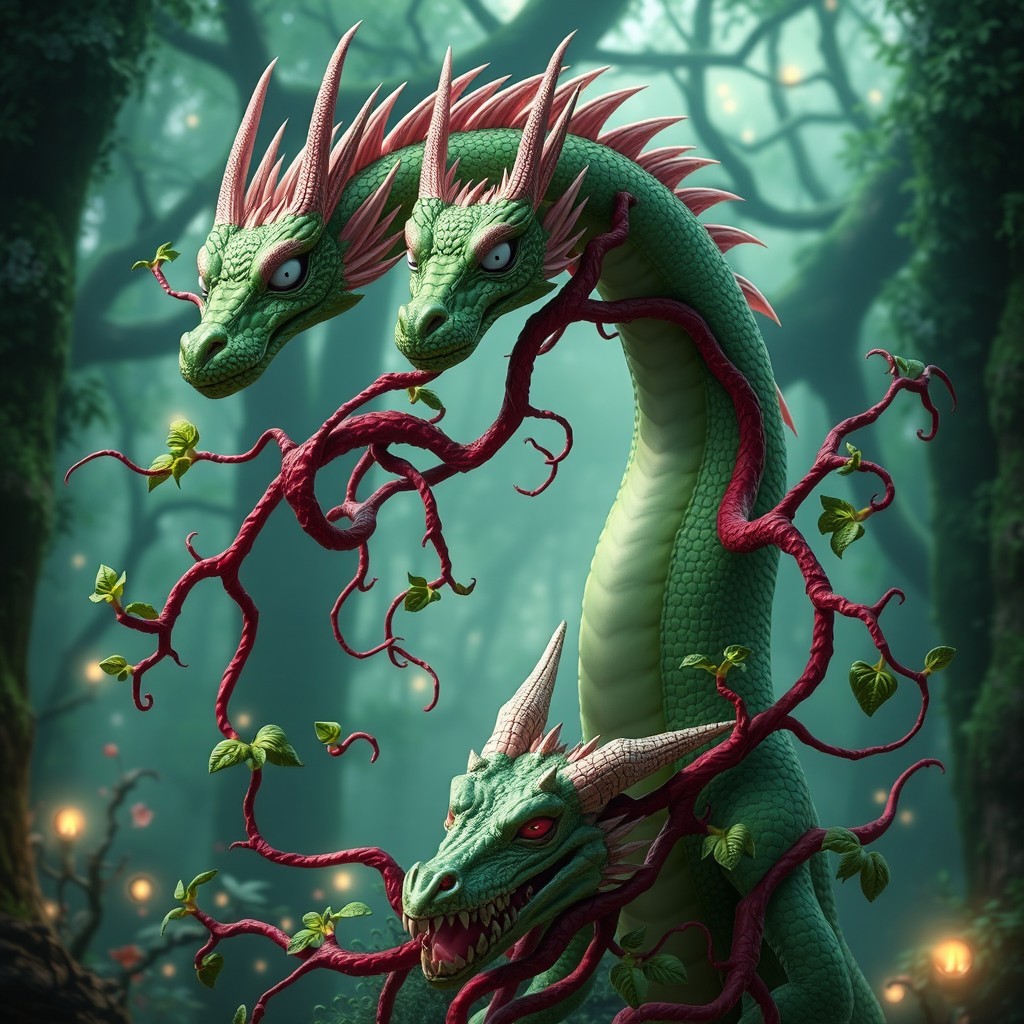 A majestic and beautiful, tall, skinny green dragon with delicate pink details accentuating its slender form