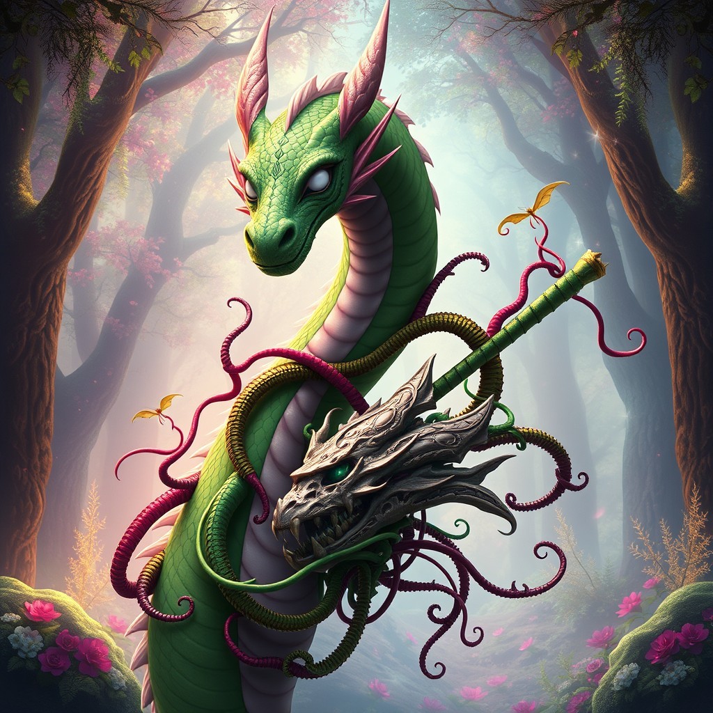 A majestic, beautiful, tall, and skinny green dragon with elegant pink details that highlight its slender form