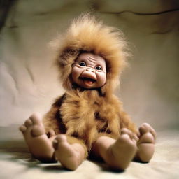 Playful image of a human baby featuring gigantic feet, skin textured like mammoth fur, and eyes resembling those of a puppet.