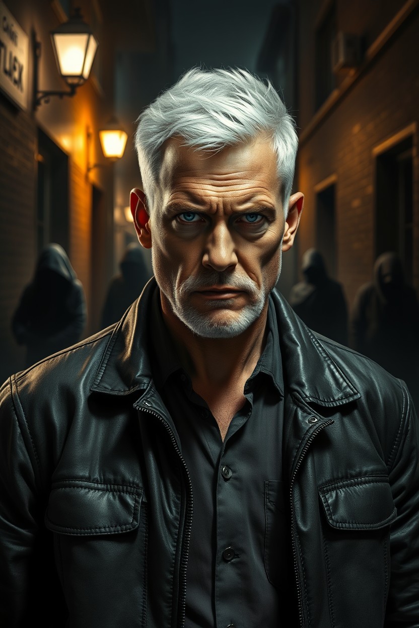 A determined white-haired man standing in a shadowy alley, his face a mask of grief and anger as he prepares to confront a child trafficking ring
