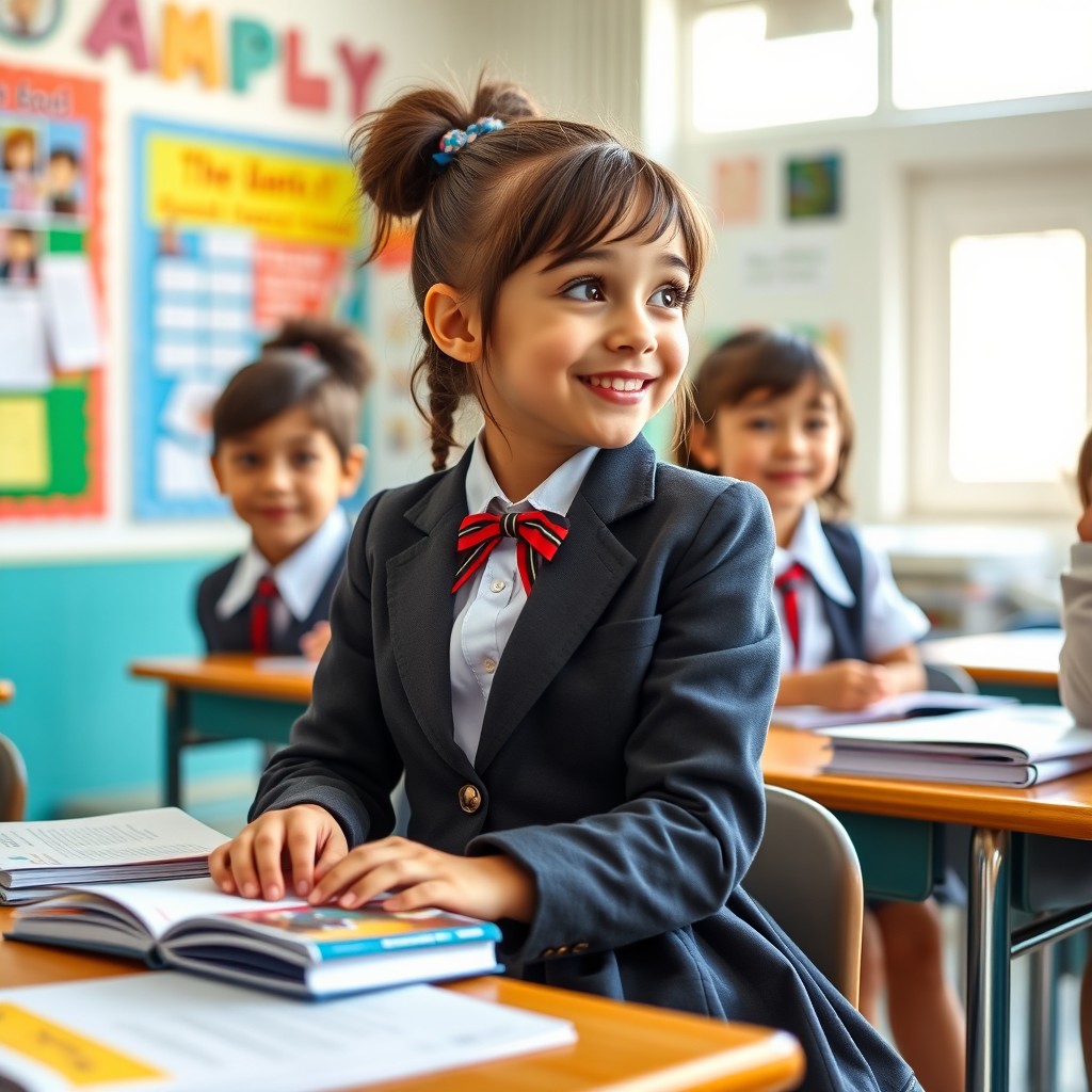 A stylish school girl in a charming, colorful classroom environment, wearing a classic school uniform that includes a smart blazer and a pleated skirt