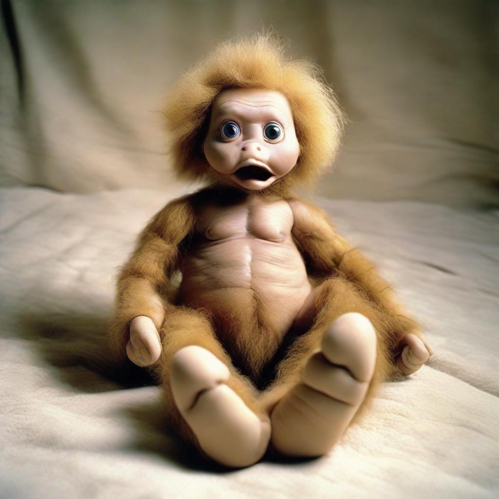 Playful image of a human baby featuring gigantic feet, skin textured like mammoth fur, and eyes resembling those of a puppet.