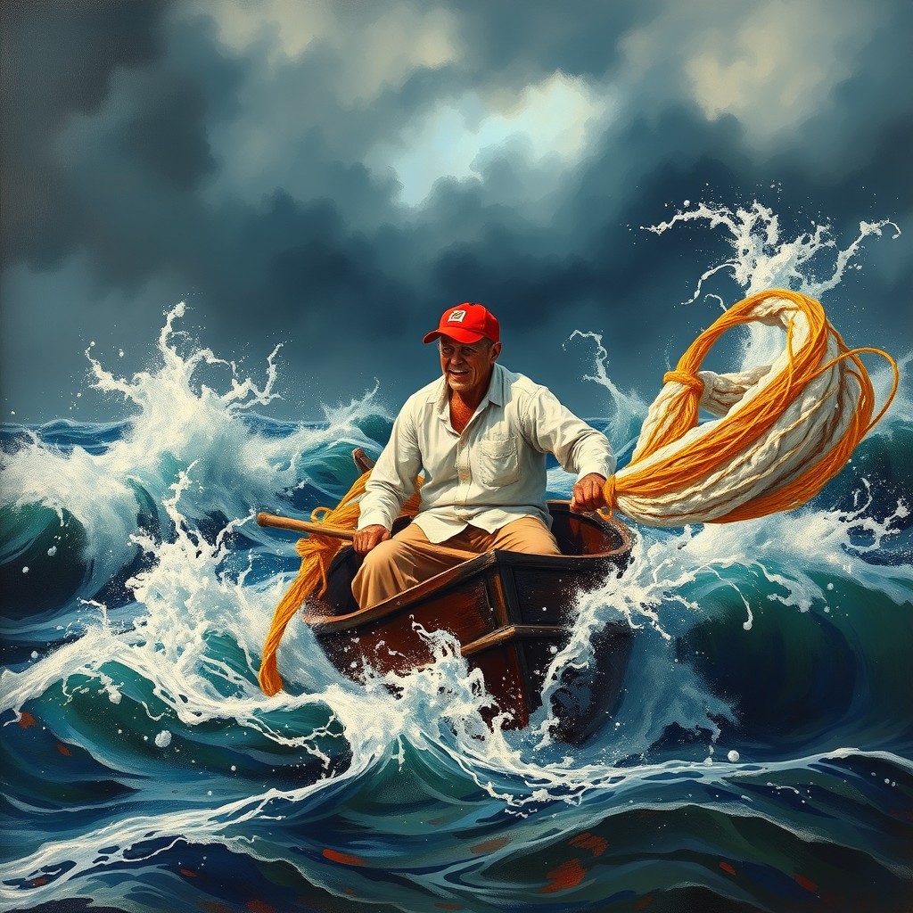 A landscape format painting of a red cap fisherman, wearing a white shirt and khaki pants, visibly fear-stricken as he struggles with his fishing nets in a turbulent sea