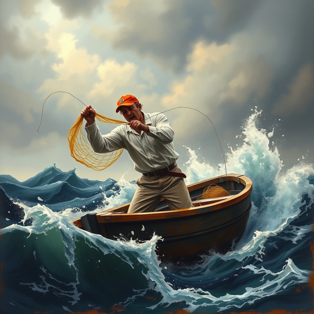 A landscape format painting depicting a fear-stricken fisherman, wearing a red cap, white shirt, and khaki pants, struggling with his fishing nets