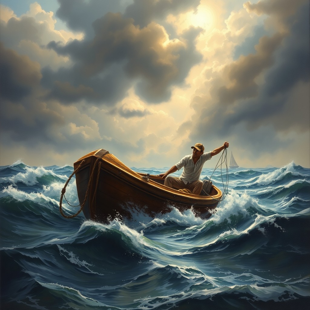 A realistic landscape painting of a fear-stricken fisherman in a larger boat, struggling with his fishing nets amidst an early morning stormy sea