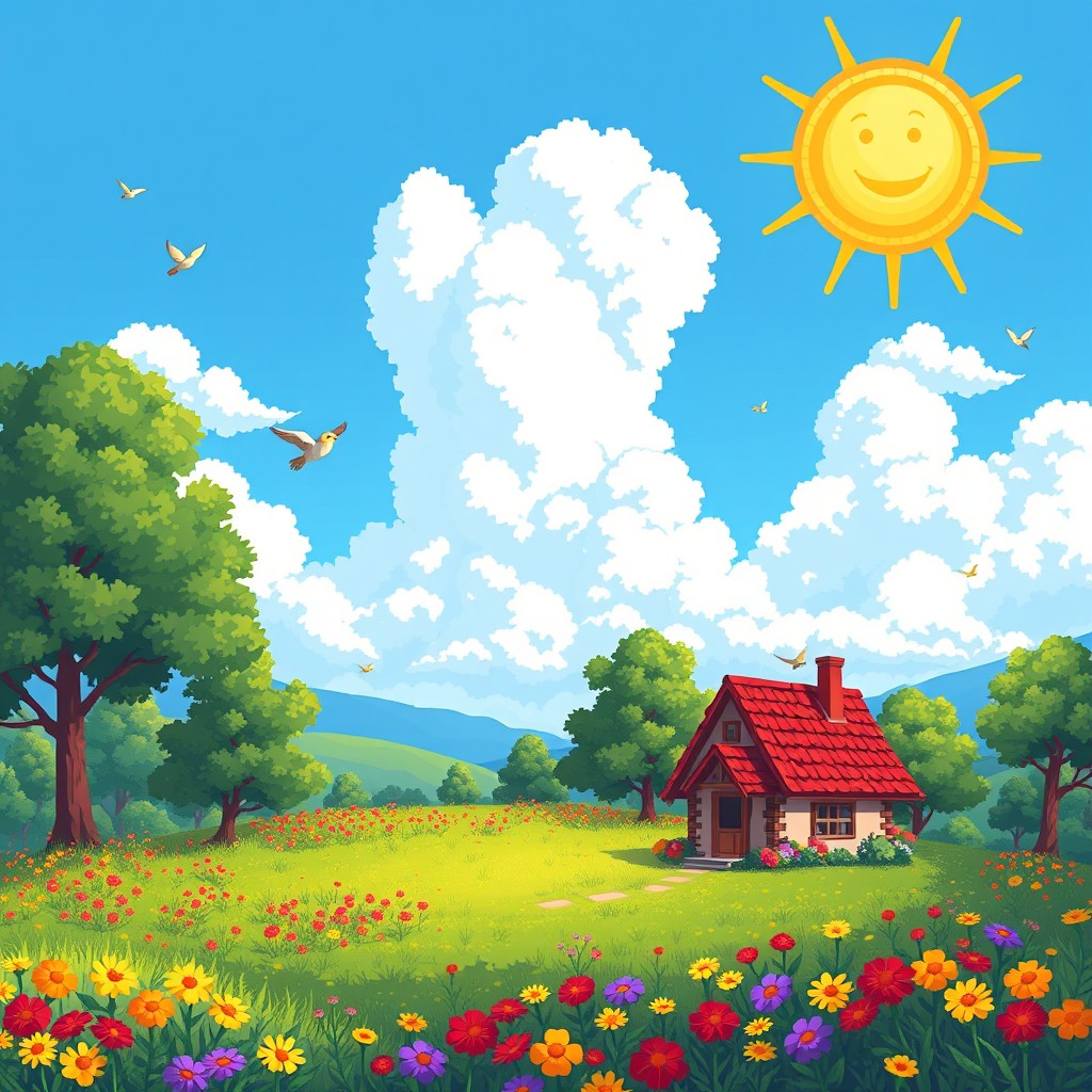 An intricate pixel art scene depicting a vibrant landscape with a bright blue sky dotted with fluffy white clouds