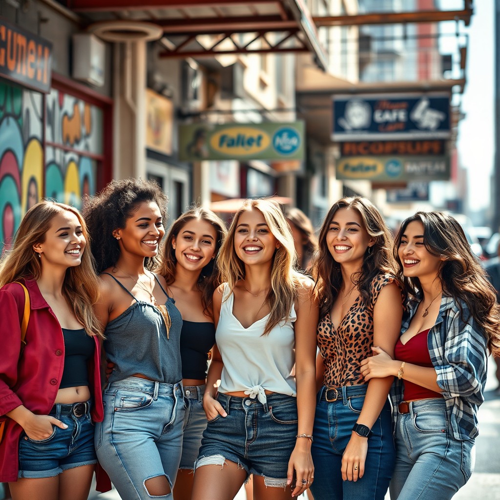 A scene featuring a group of attractive young women with diverse appearances, confidently interacting in a vibrant urban setting