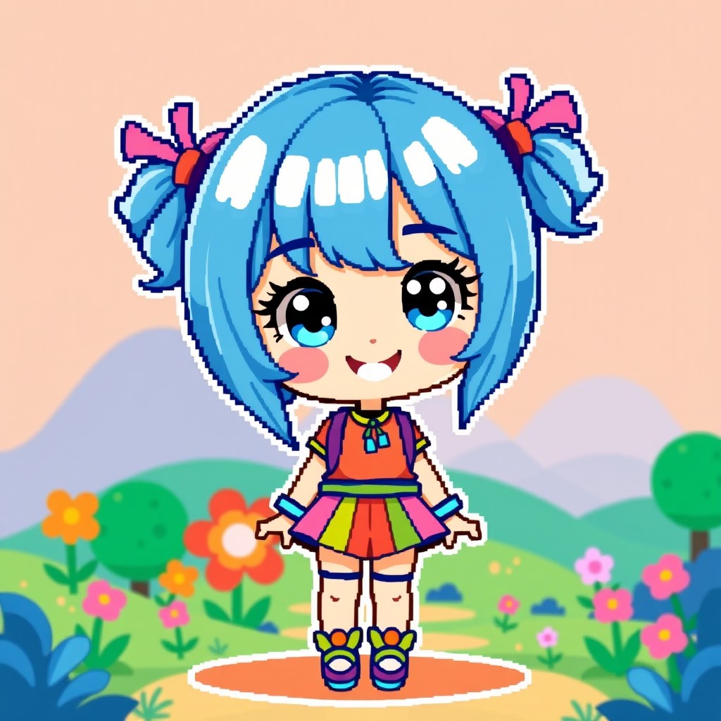 A charming pixel art character of a 2D animated girl with vibrant blue hair styled in playful pigtails