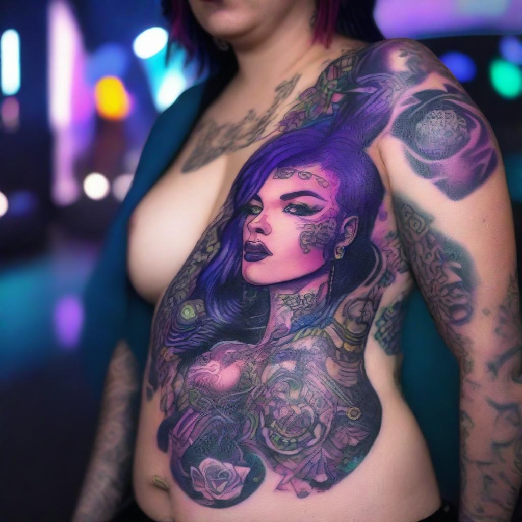 This is a digital art representation of a stunning plus size woman, adorned with intricate cyberpunk-inspired tattoos