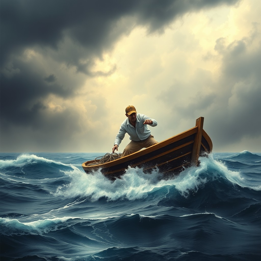 A realistic landscape painting format featuring a fear-stricken fisherman wearing a brown cap, white shirt, and khaki pants