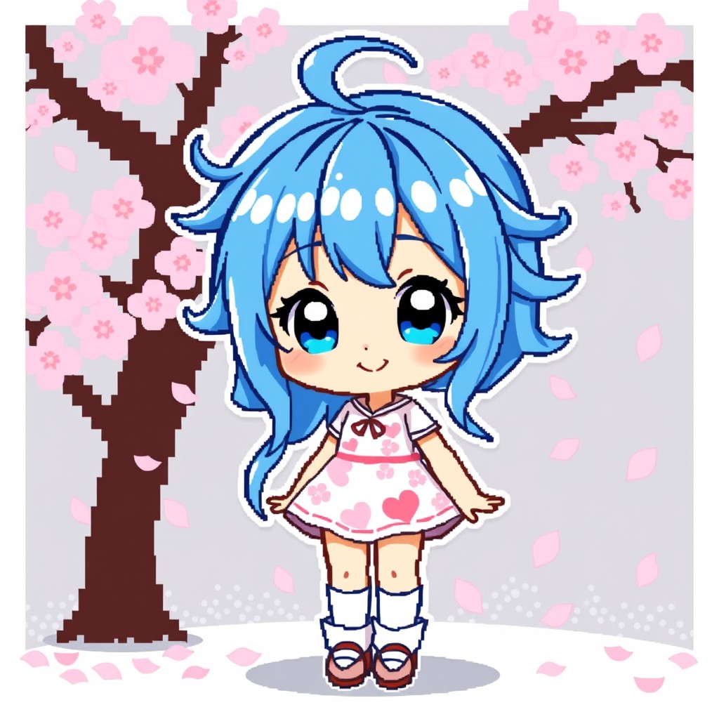 A delightful pixel art character of a Japanese anime-style girl with bright blue hair styled in playful waves